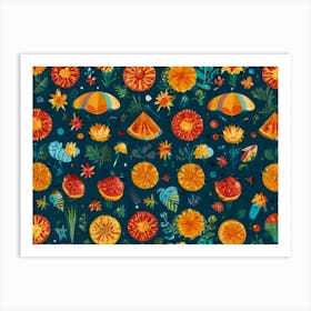 Oranges On A Blue Background Art Print