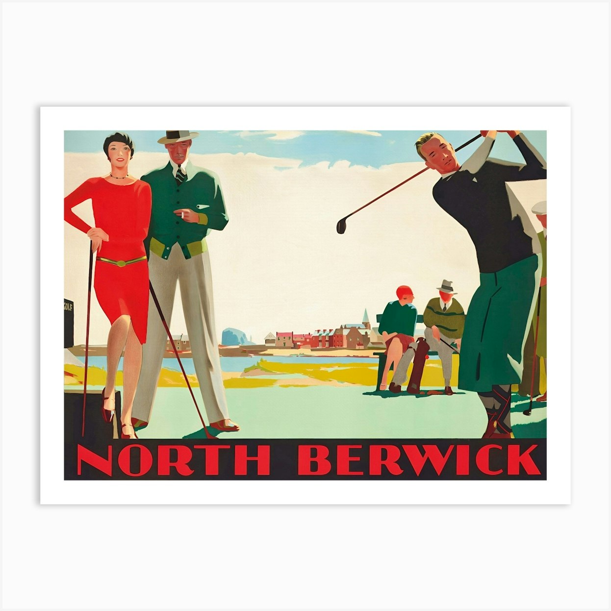 North Berwick Golf, Vintage Golf Art, Scotland Travel Poster, Golfers, Colorful Wall Art Art Print by Vibrant Vintage