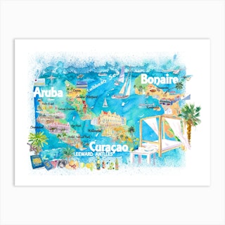 Aruba Bonaire Curacao Dutch Caribbean Illustrated Travel Map With Roads And Highlights Art Print