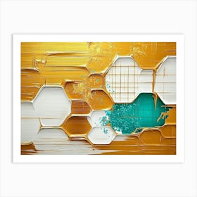 Golden Grain Textures, White Lattice and Turquoise Splashes Art Print