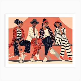 Four Black Women Sitting On A Bench Art Print