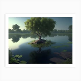 Cleyera Tree Growing In A Wetland, Surrounded By Aquatic Plants Art Print