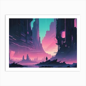 A Lone Figure Stands On A Rocky Outcropping Overlooking A Futuristic City In Ruins, Bathed In The Warm Glow Of A Pink And Teal Sunset Art Print