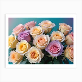 Bouquet Of Colorful Roses In Various Shades Of Pink, Peach, And Yellow, With Green Leaves, Against A Blue Background Art Print