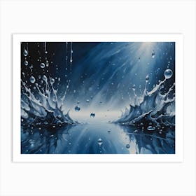 Two Symmetrical Splashes Of Water Rise From A Reflective Surface, With Droplets Frozen In Motion Against A Blue Background Art Print