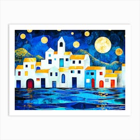 Seaside Towns - Greece Night Art Print