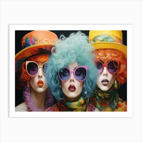 Women Wearing Colored Hats Glasses And Hats Art Print