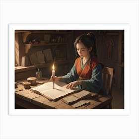 A Young Woman In Traditional Asian Clothing Sits At A Wooden Desk, Illuminated By A Candle, And Carefully Writing In A Large Book Art Print