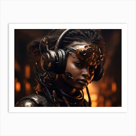 Elegant ebony girl in sleek cyberpunk headset Art Print