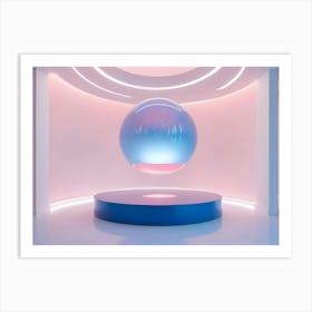 A Minimal Pink Room With A Glowing Blue Egg Hanging From The Ceiling And A Blue Circular Platform Below It Art Print