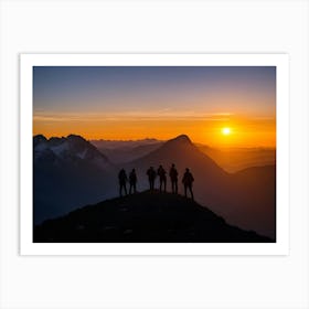 Silhouette Of Hikers At Sunset Art Print