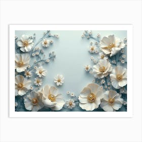 White Flowers On A Blue Background 1 Art Print