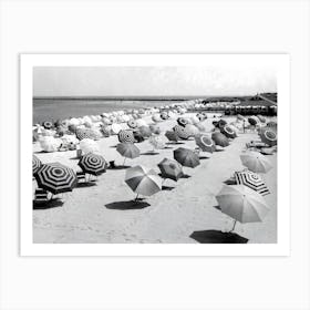 Umbrellas On The Beach, Vintage Black and White Old Photo Art Print