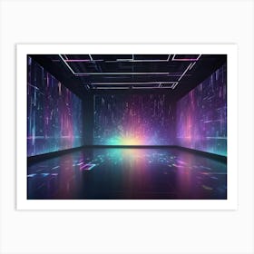 A Glowing, Purple And Teal Room With Digital Data Streaming Across Walls And Floor Art Print