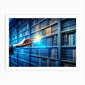 A Hand Reaches Out To Touch A Glowing Book On A Bookshelf In A Library, Symbolizing Knowledge, Learning, And Exploration Art Print