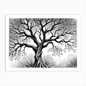 Abstract Black And White Illustration Of A Tree With Twisted Branches And A Swirling Background 1 Art Print