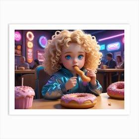 Cute Cartoon Girl With Blonde Curly Hair And Blue Eyes Eating Donuts And A Cupcake At A Donut Shop Art Print