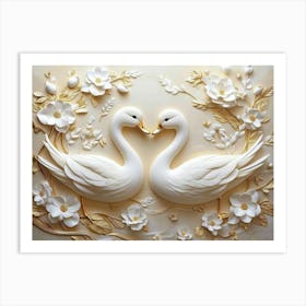 Luxurious 3d Golden And White Ducks With Flowers 1 Art Print