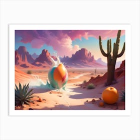 A Surreal Desert Landscape With A Large, Colorful Egg, Painted With Various Colors, Splashing Into A Pool Of Milk Art Print