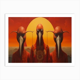 Three Red Hens In Front Of An Orange Sky In The Style Art Print