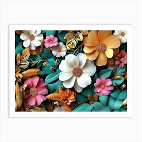 Art With Colorful Flowers And Leaves Art Print