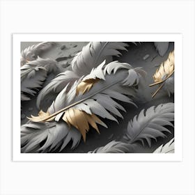 A Group Of White Feathers, With Gold Tips, Laid On A Textured Gray Surface With Delicate, Flowing Lines Art Print