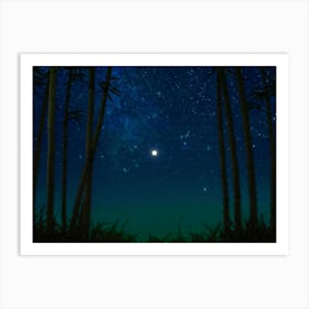 Bamboo Forest Basking In Moonlight Silhouettes Of Tall Bamboo Stalks Towering Against A Star Speckl Art Print