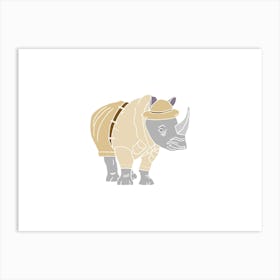 Rhinoceros In Safari Ranger Uniform, Fun Safari Animal Print, Landscape Art Print