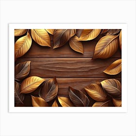 Golden And Brown Leaves and Feathers on Wooden Brown Background Art Print