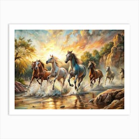 Horses Running In The River Art Print