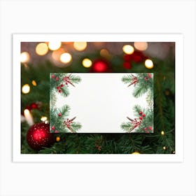 Christmas Card Blank Central Focus Encircled By Dense Evergreen Branches Dusted With Snow Intert Art Print