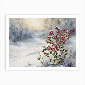 Snowy Winter Landscape With Holly Art Print