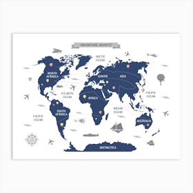 Navy Blue World Map Art Print