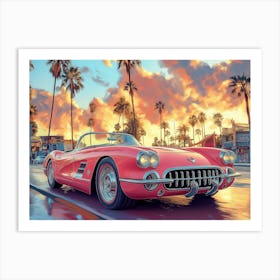 A Pink Convertible Corvette Driving Down The Street Of Hollywood, With Pastel Colors Poster