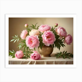 Classic Still Life Of A Bouquet Of Pink And White Peonies In A Decorative Brass Vase On A Table With A Soft, Painterly Background Art Print