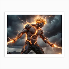 A Powerful, Muscular Male Figure With Glowing Yellow Hair And Eyes, Surrounded By Bolts Of Electricity, Stands Defiantly Against A Stormy Sky Art Print