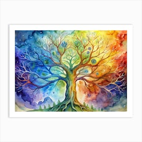 Watercolor Illustration Of A Tree With Colorful Branches, Flowers, And A Night Sky Background Art Print