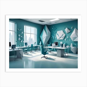 Modern Office Interior With Teal Walls And Furniture, Accented With Geometric White Paper Sculptures Art Print