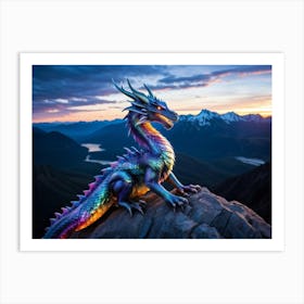 Majestic Dragon Resplendent In Appearance Perched Atop The Peak Of A Towering Otherwise Desolate Art Print