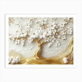 3d Art Golden Tree With White Flowers 1 Art Print