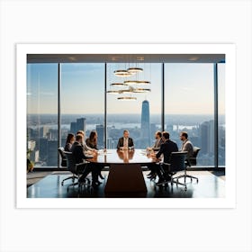 Confident Ceo Seated At The Head Of A Sleek Gleaming Mahogany Conference Table Leading An Energize (5) Art Print