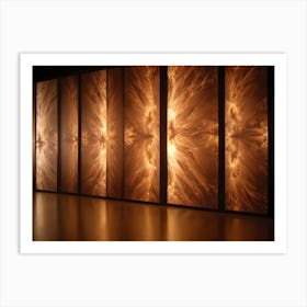 Interior Design Of An Art Gallery With Five Large Panels Illuminated By A Glowing, Golden Pattern Resembling A Galaxy Art Print