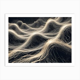 Abstract Flowing Waves Of White Filaments And Particles On A Dark Background, Resembling Strands Of Hair, Fiber Optic Cables, Or Streams Of Data In Cyberspace Art Print