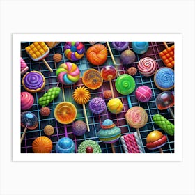 Colorful Candy Lollipops On A Wooden Grid Art Print