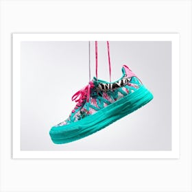 Turquoise And Pink Sneaker Suspended In Mid Air Intricate Bold Patterns Embellishing The Fabric Fl Art Print