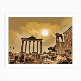 Picturesque scene of ancient Roman ruins bathed in the warm glow of a setting sun. The ruins, consisting of towering columns and arches, stand majestically against a backdrop of a cloudy sky. The sun, a large, bright orb, hangs low in the sky, casting long shadows across the scene. Art Print