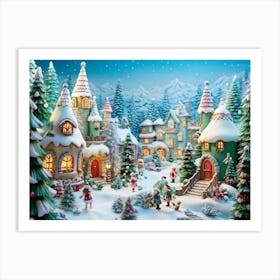 Fairytale Winter Landscape In Soft Colors Detailed Green Fir Trees Laden With Snow Whimsical Gnome Art Print