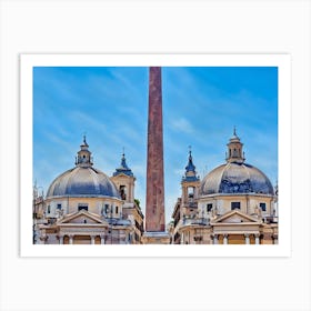 Twin Churches and Obelisk at Piazza del Popolo, Rome. This image showcases the iconic twin churches, Santa Maria dei Miracoli and Santa Maria in Montesanto, located at Piazza del Popolo in Rome, Italy. Between the two churches stands the ancient Egyptian obelisk, known as the Flaminio Obelisk, which adds to the historical and architectural significance of the scene. The clear blue sky enhances the beauty of the architectural details and the grandeur of the structures. Art Print