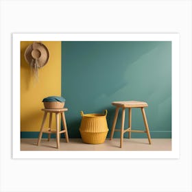 A Still Life Of Wooden Stools And Wicker Baskets Against A Yellow And Green Wall Art Print