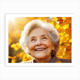 Elderly Woman Radiating Joy Amidst Crisp Autumn Leaves Close Up Orange Yellow Foliage Surrounding (6) Art Print